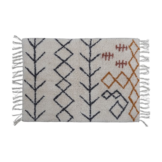 Cotton Tufted Bath Mat With Abstract Design &#x26; Fringe